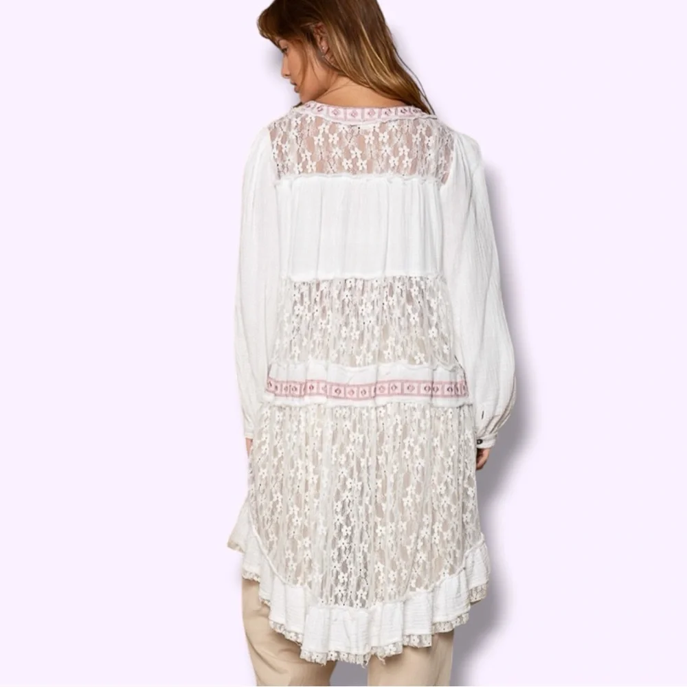POL Tiered Ditsy Print Long Sleeve Lace Embroidered Kimono - Picture 2 of 10